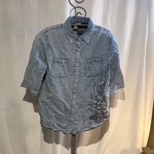 Blue denim look Harley Davidson woman’s shirt short sleeve Size L
